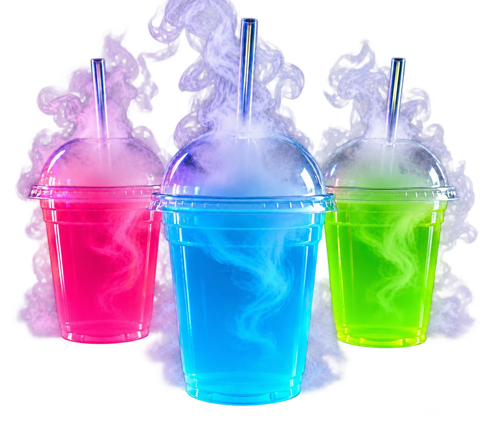 Bebidas neón rosa, cian y verde con humo, tapa domo y popote
