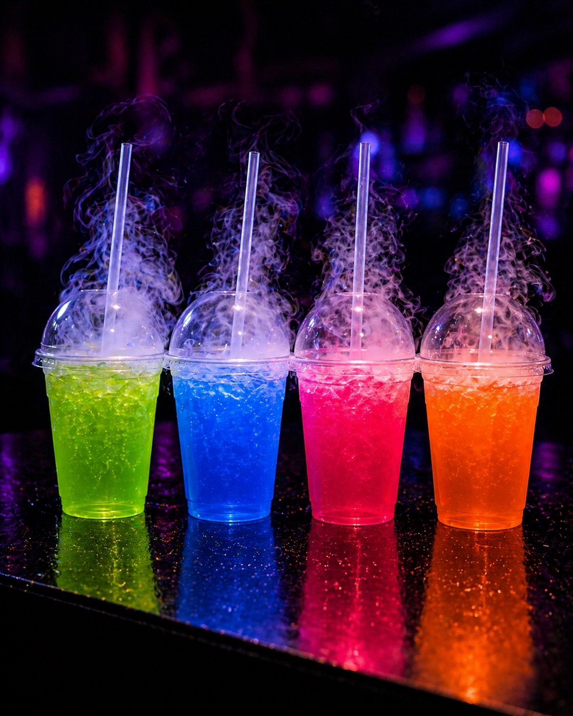 Bebidas humeantes neón con humo blanco desde la tapa domo